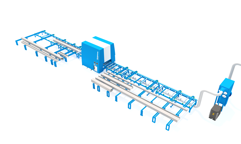 Beam cutting line with plasma fume extraction
